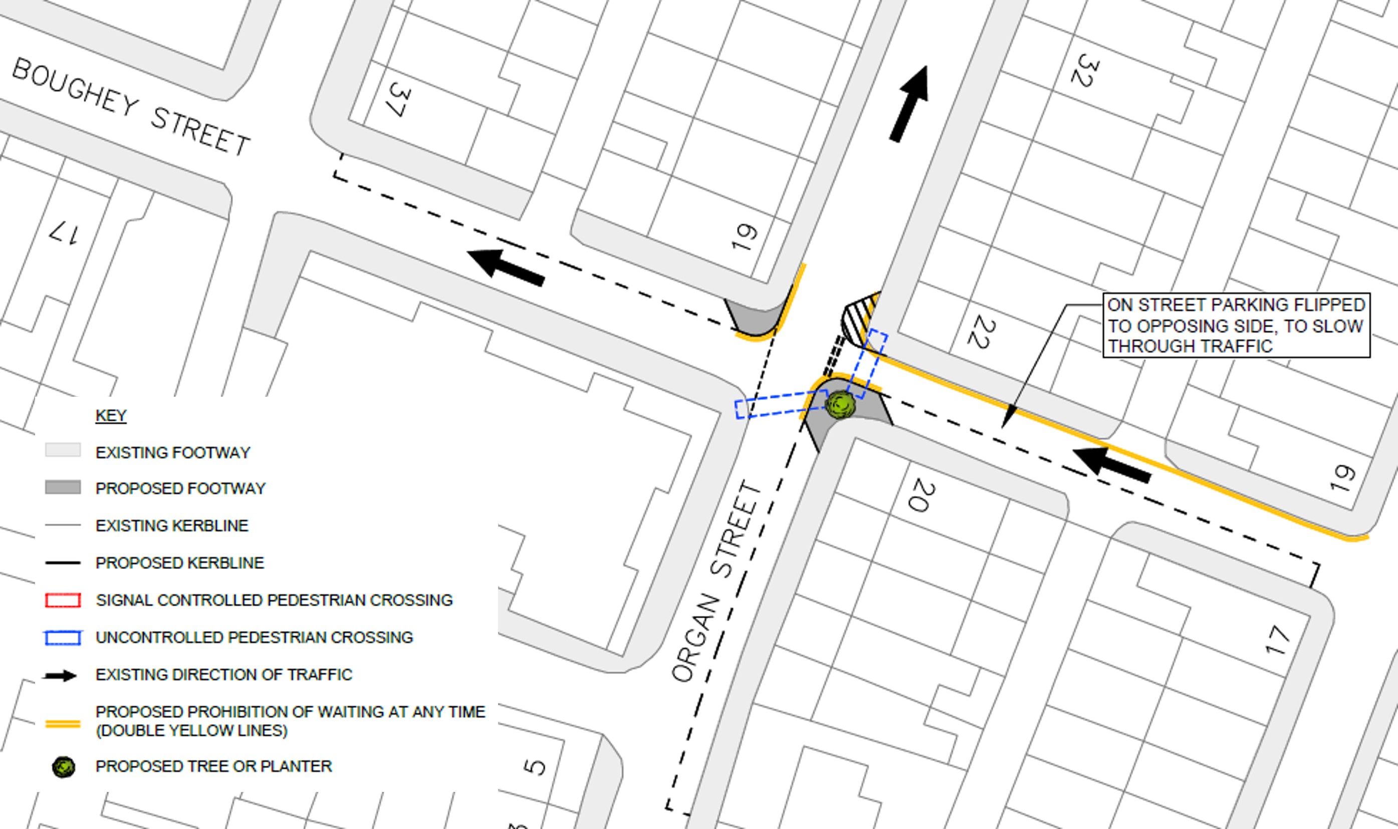 Technical drawing showing the build-out of the pavements at the junction of Boughey and Organ Streets with uncontrolled crossings and a street tree.