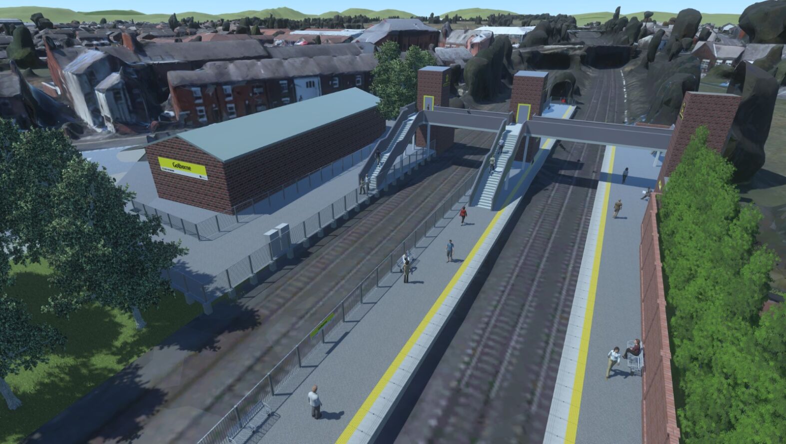 This picture shows a computer generated image of the proposed Golborne Train Station. The main station entrance and station building are located on the left hand side of the image. The station name of Golborne is shown in a yellow box with black text on the side of the building. There are two sets of stairs and lift shafts illustrating access to the platforms with a bridge providing connections across the railway line. Two platforms are shown on either side of the railway line.
