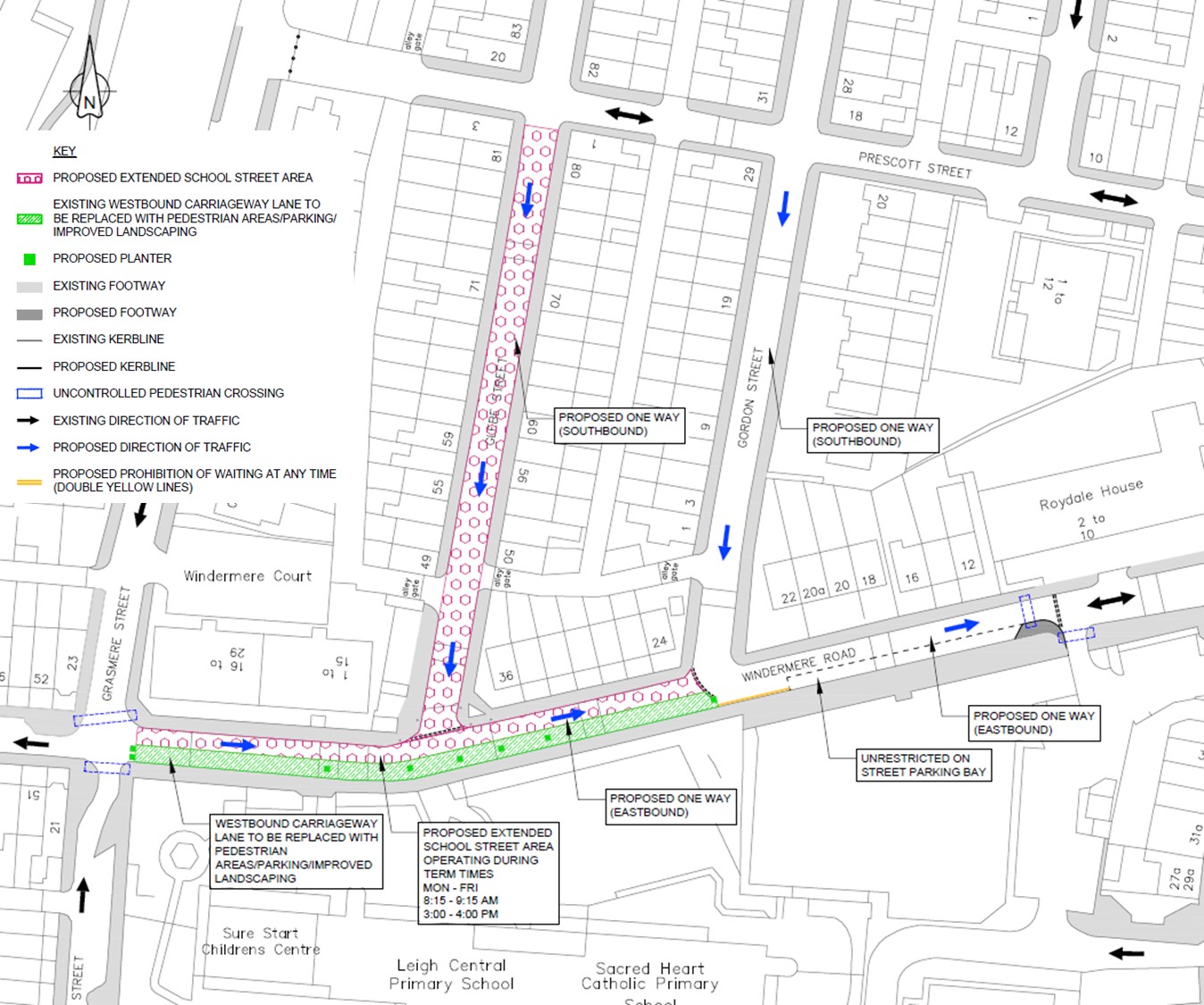 Technical drawing showing the road reduced to one lane from Grasmere Street to Gordon Street on Windermere Road. Also it shows the School Street zone which runs up Glebe Street to Prescott Street and new one-ways.