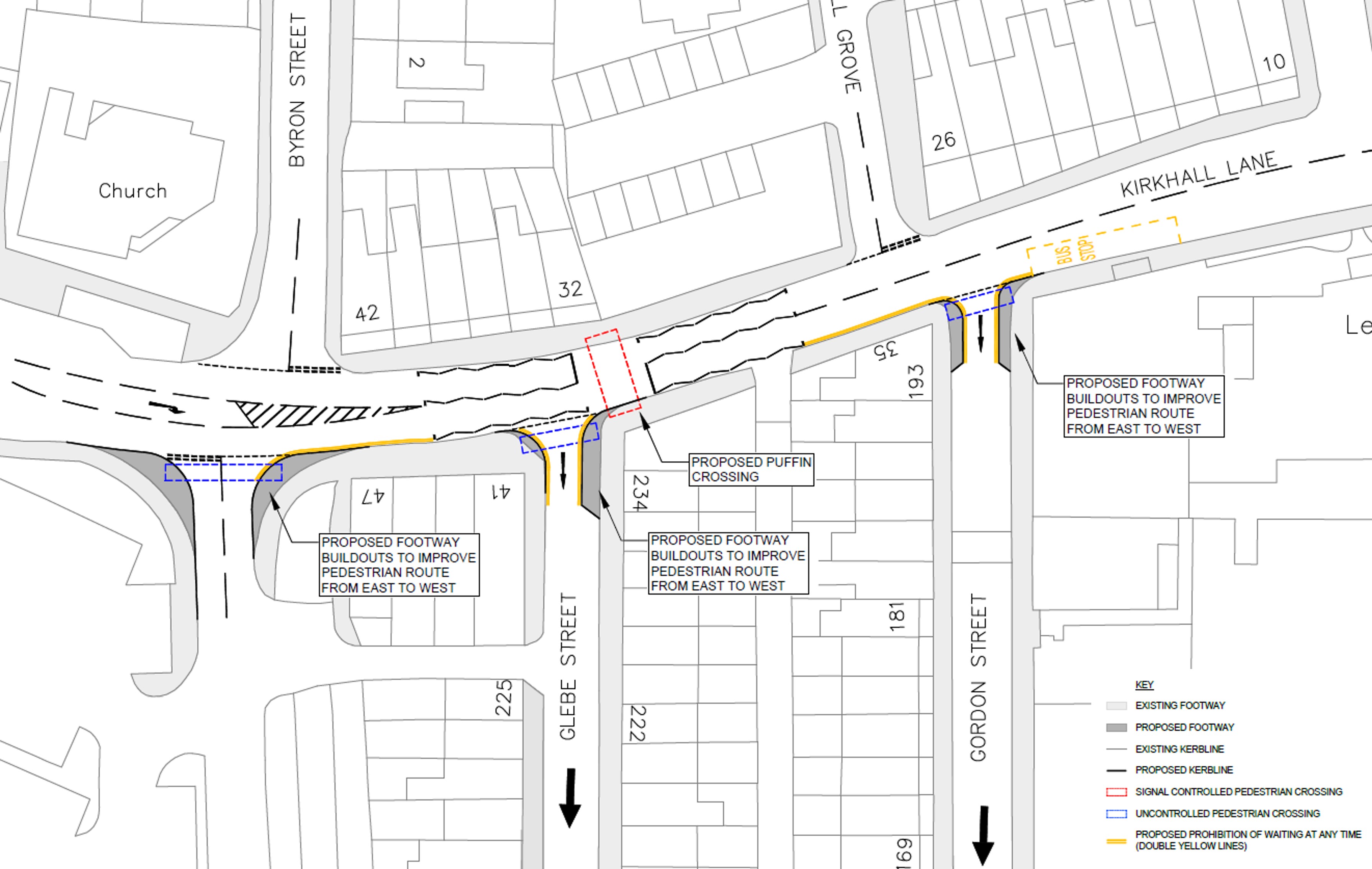 Technical drawing showing a Puffin Crossing on Kirkhall Lane close to Glebe Street