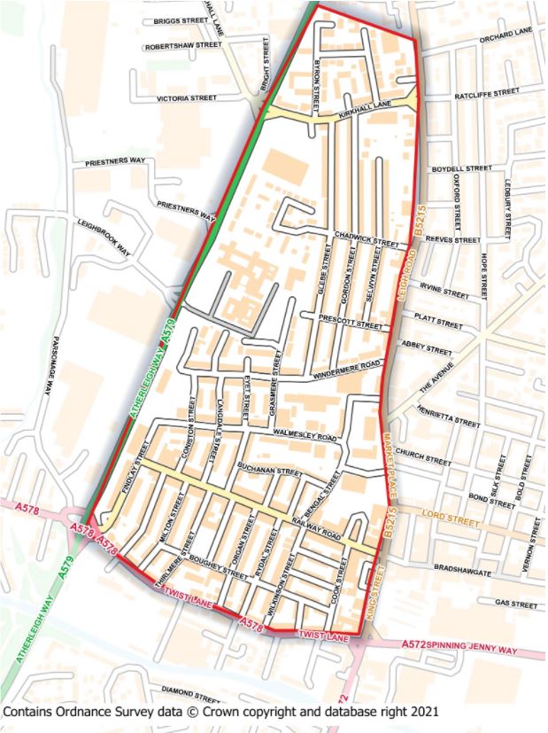 Area-wide street map in Leigh, bounded by Kirkhall and Tiwst Lane, Atherleigh Way and Market Place
