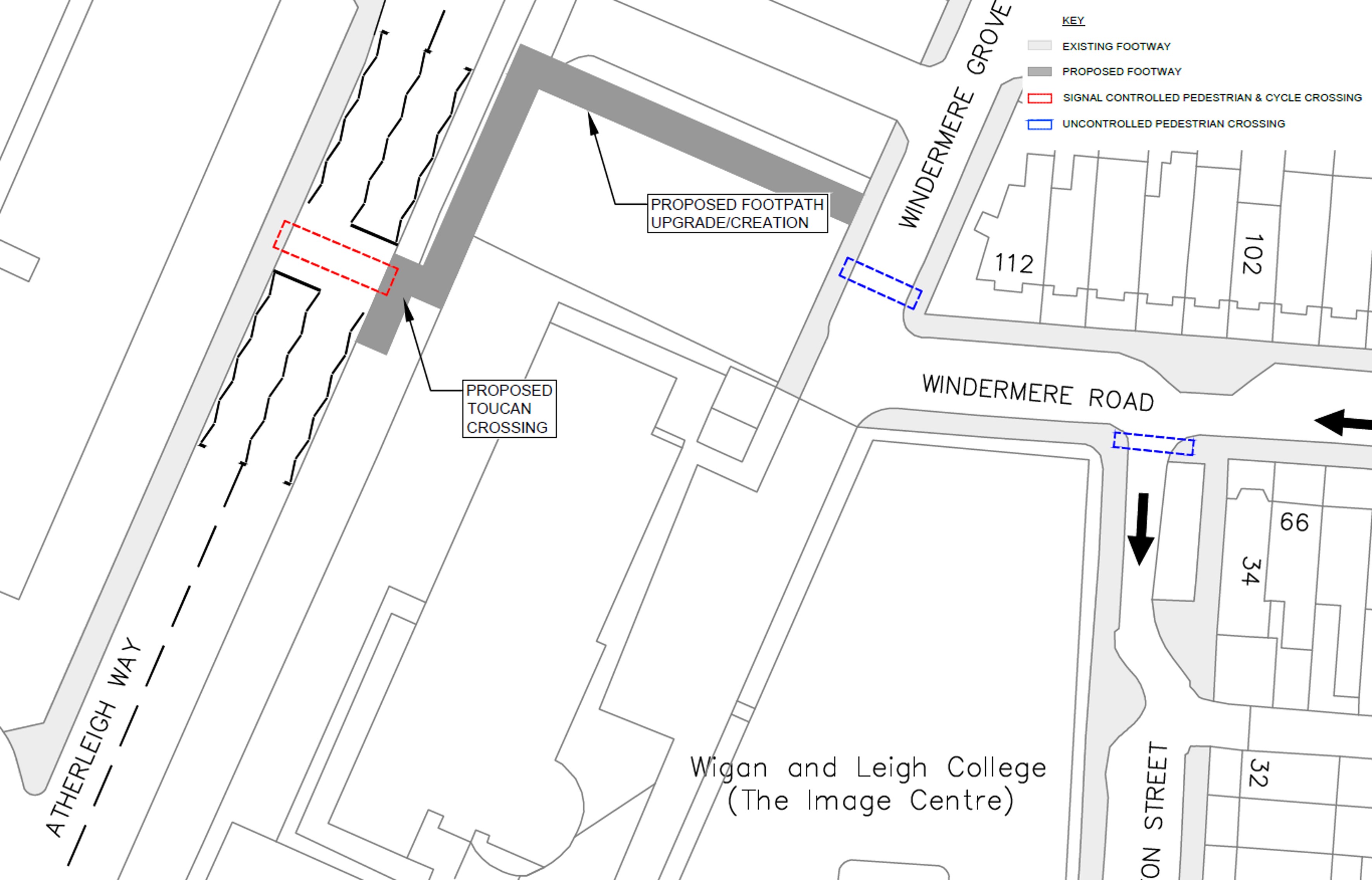 Technical drawing showing a toucan crossing on Atherleigh Way opposite the Sainsbury's car park at Parsonage Retail Park