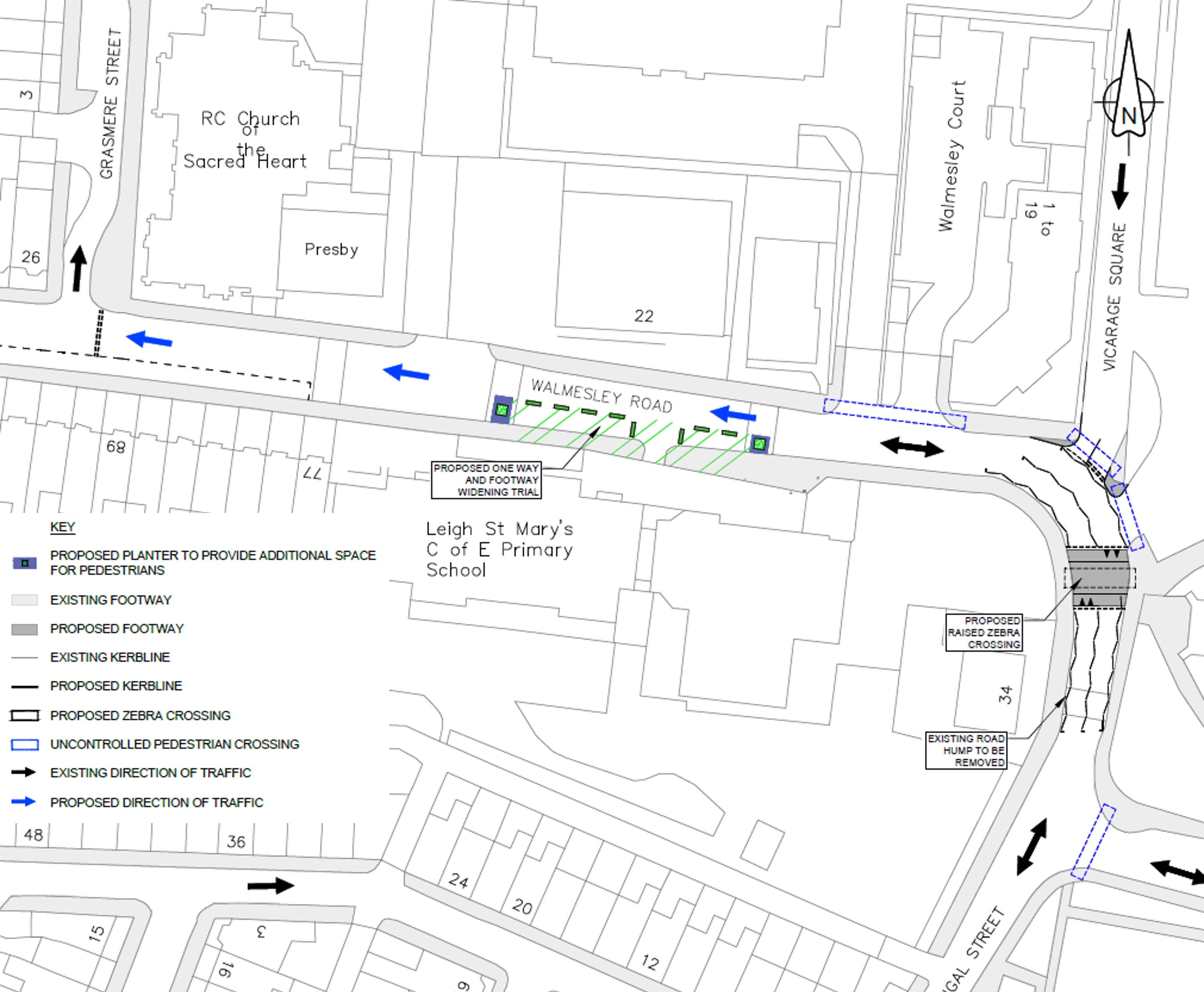 Technical drawing showing the road reduce to one lane outside St Mary's School on Walmesley Road. It also shows the new one-way westbound and a zebra crossing at Asda.