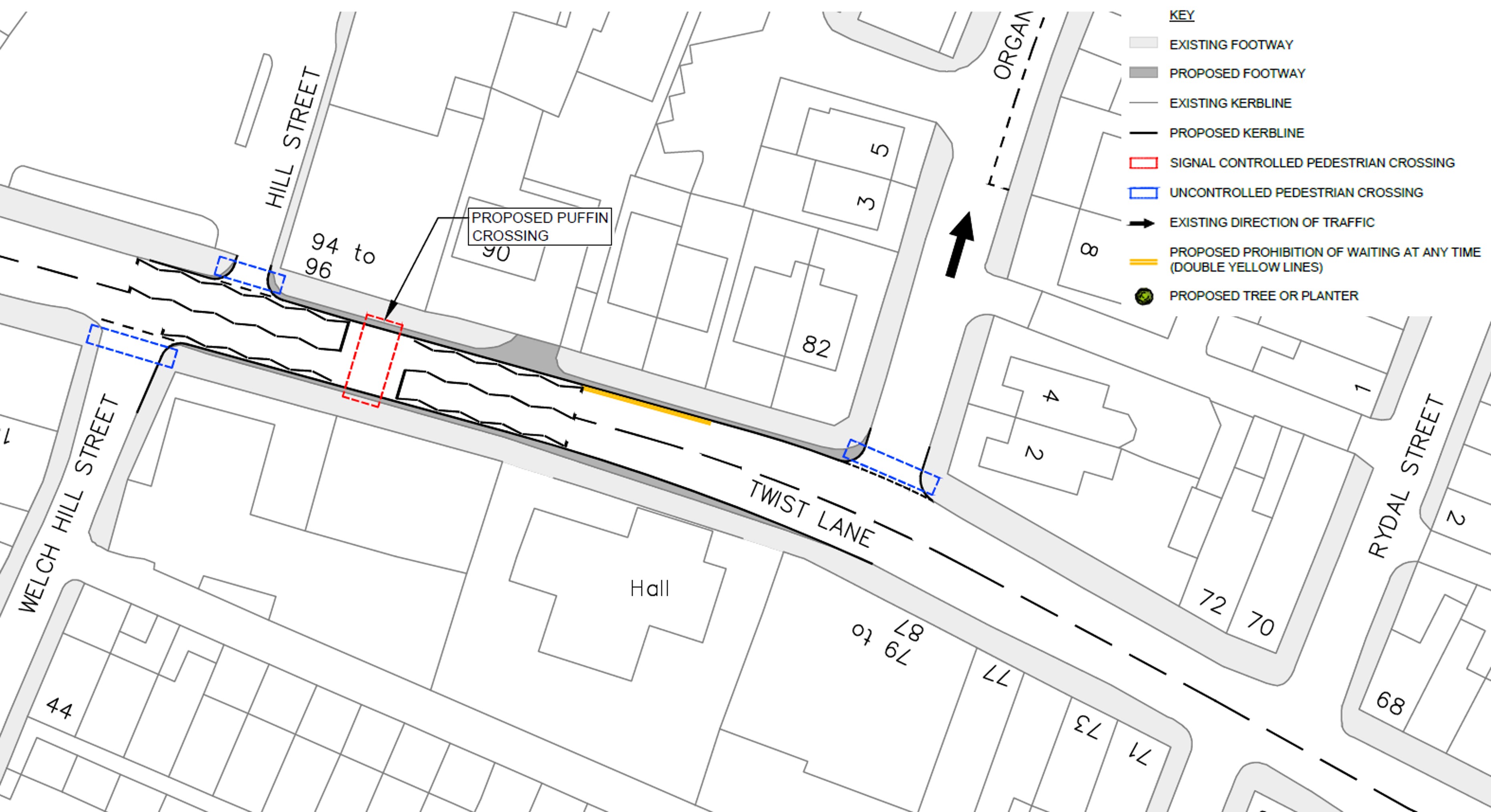Technical drawing showing new puffin crossing on Twist Lane, close to Hill Street