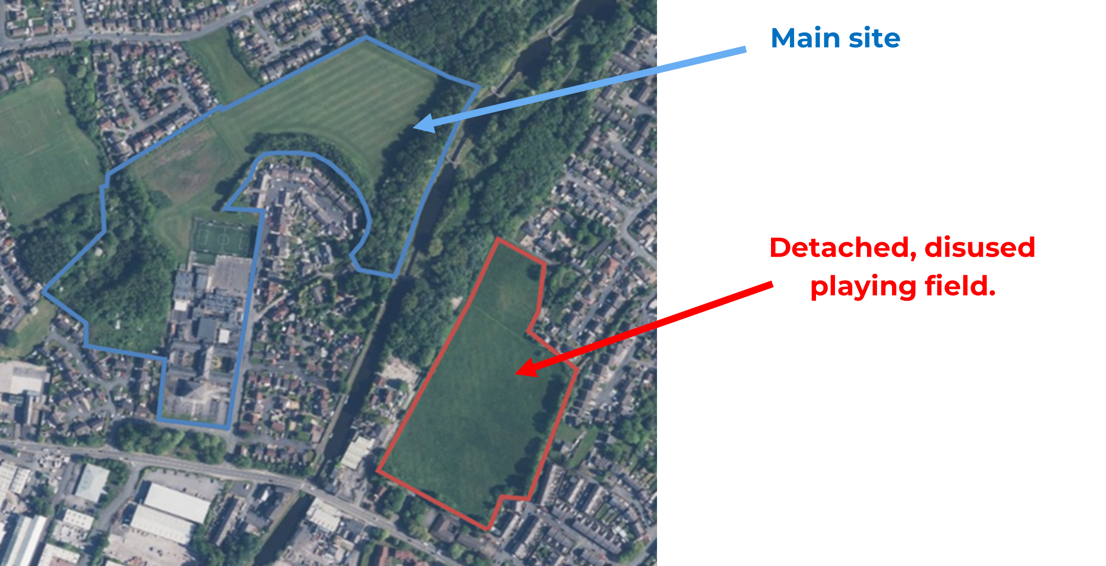 Aerial view of the main site in blue and the detached, disused playing field in red.