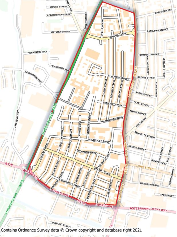 Map showing boundary of the scheme west of Leigh town centre