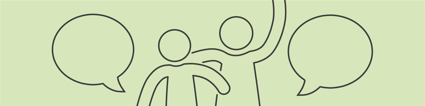 Decorative graphic of two people talking